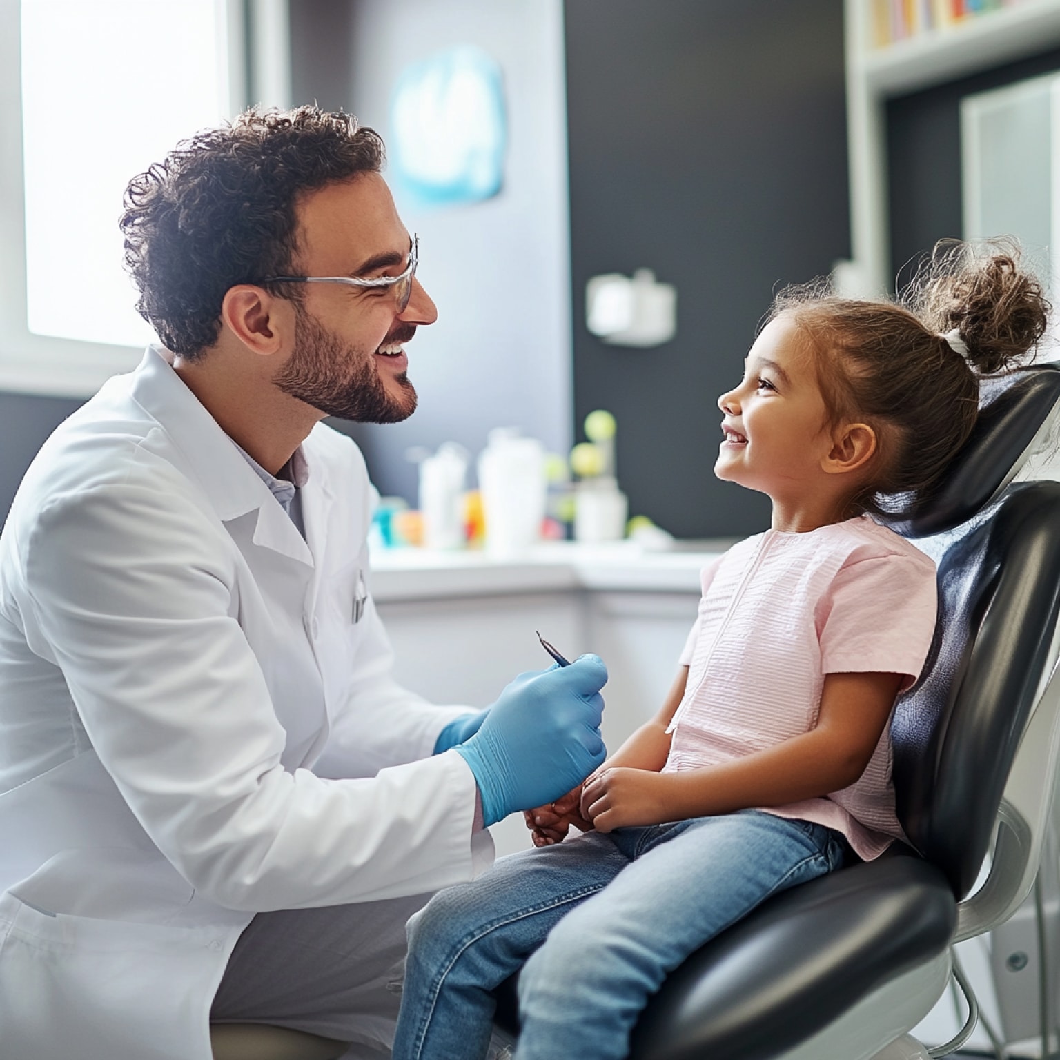 A person in a white coat and gloves interacts happily with a child sitting in a dental chair inside a bright, modern clinic.