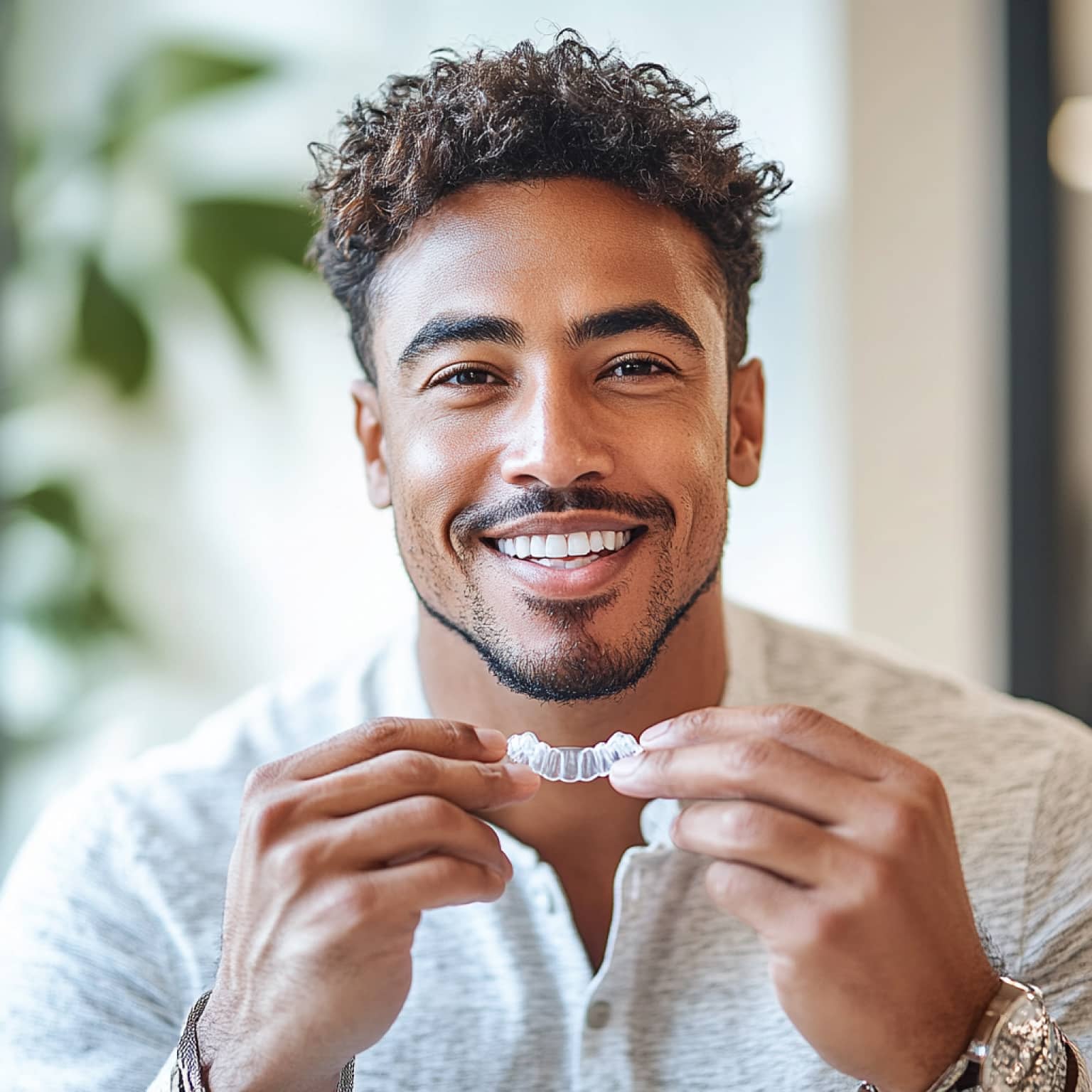 A smiling person holds a clear dental aligner, wearing a light shirt. Background includes blurred greenery and modern indoor decor.