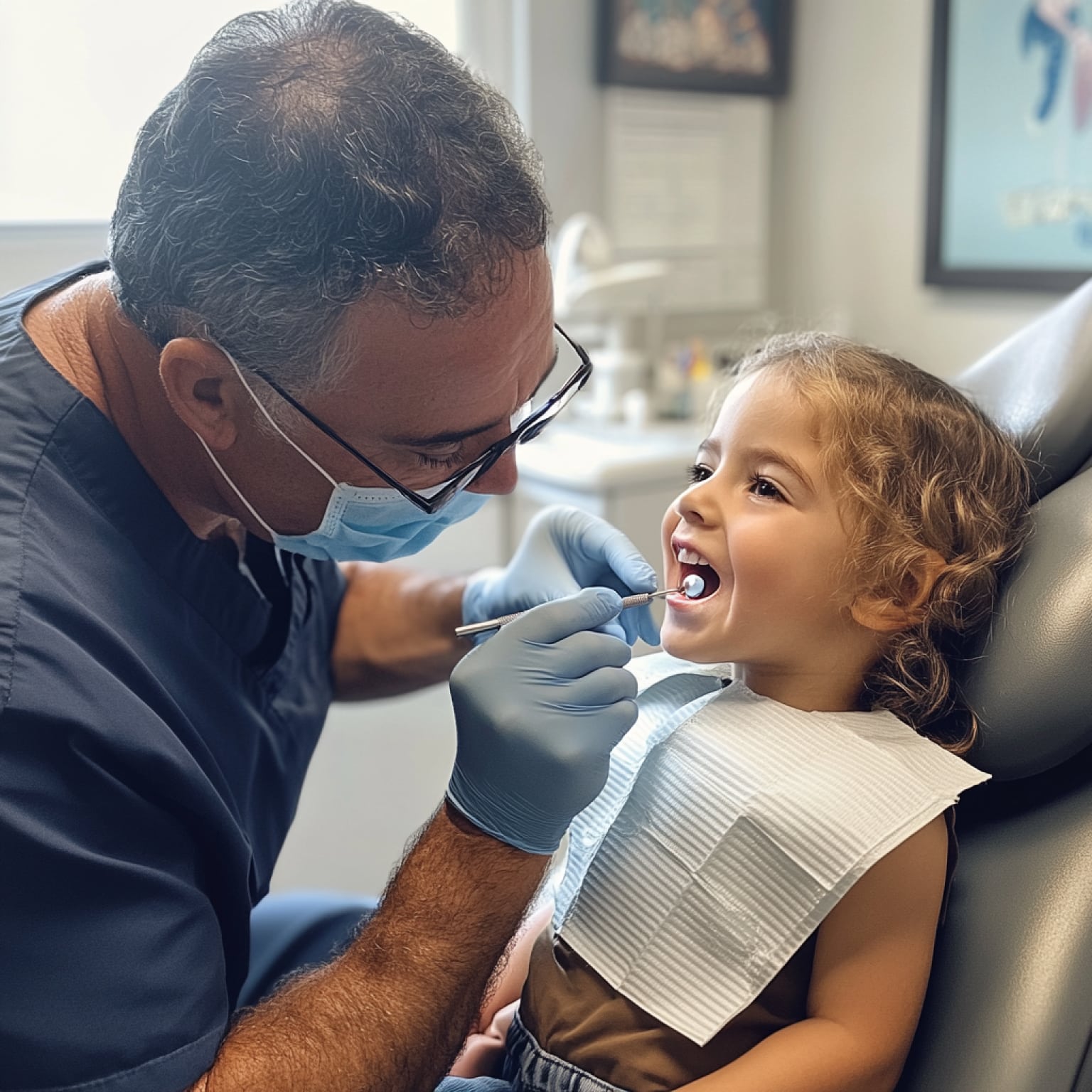 A person wearing gloves examines a child's teeth in a dental office. The child is sitting in a chair, mouth open.