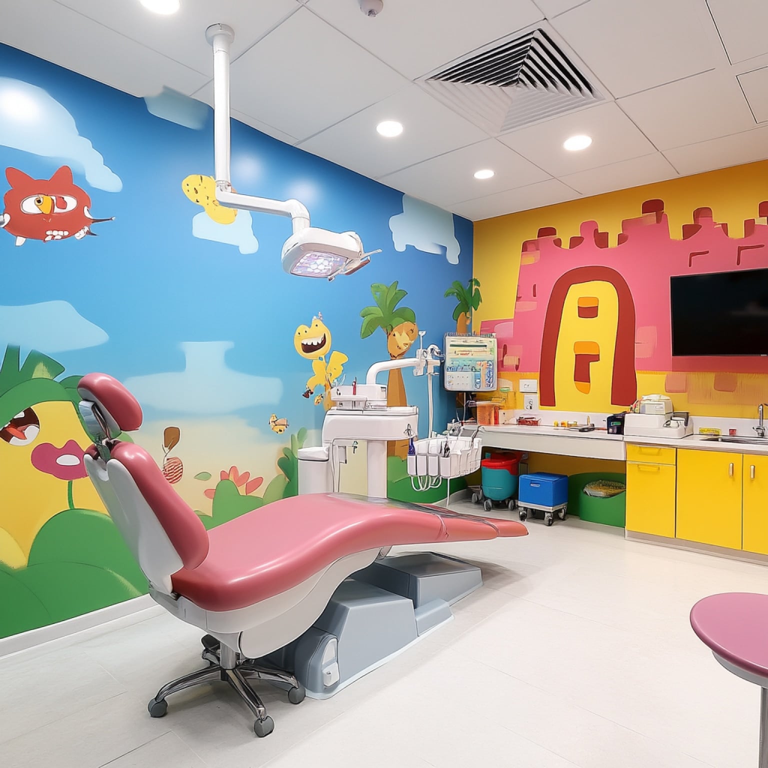 A colorful pediatric dental clinic with cartoon-themed walls, a pink dental chair, and bright yellow cabinets, creating a welcoming environment for children.
